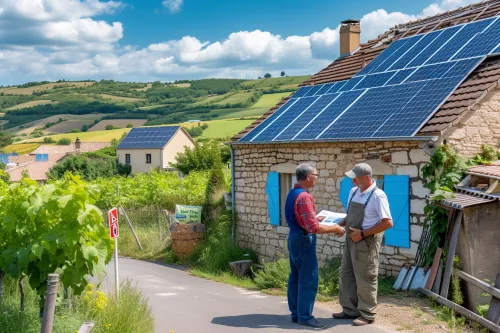 Agriculteur inspectant ses panneaux solaires photovoltaïques installés grâce aux subventions de l'État pour la transition énergétique